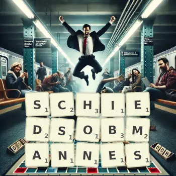 Kreative Illustration für ein Scrabble-Spiel, bei dem das Wort SCHIEDSOBMANNES mit Steinen auf dem Brett gelegt wurde.