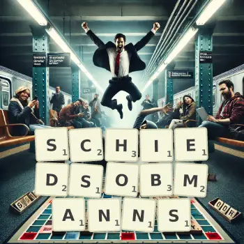 Kreative Illustration für ein Scrabble-Spiel, bei dem das Wort SCHIEDSOBMANNS mit Steinen auf dem Brett gelegt wurde.
