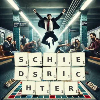 Kreative Illustration für ein Scrabble-Spiel, bei dem das Wort SCHIEDSRICHTER mit Steinen auf dem Brett gelegt wurde.