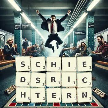 Kreative Illustration für ein Scrabble-Spiel, bei dem das Wort SCHIEDSRICHTERN mit Steinen auf dem Brett gelegt wurde.
