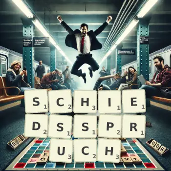 Kreative Illustration für ein Scrabble-Spiel, bei dem das Wort SCHIEDSSPRUCH mit Steinen auf dem Brett gelegt wurde.