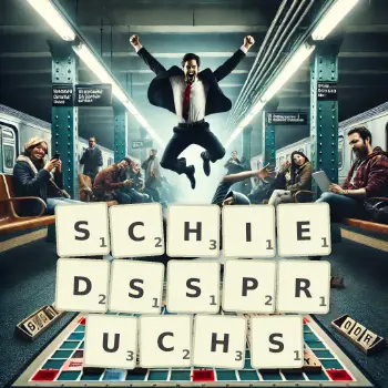Kreative Illustration für ein Scrabble-Spiel, bei dem das Wort SCHIEDSSPRUCHS mit Steinen auf dem Brett gelegt wurde.