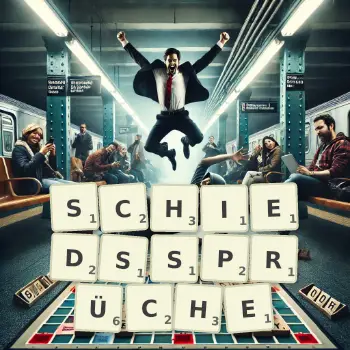 Kreative Illustration für ein Scrabble-Spiel, bei dem das Wort SCHIEDSSPRÜCHE mit Steinen auf dem Brett gelegt wurde.