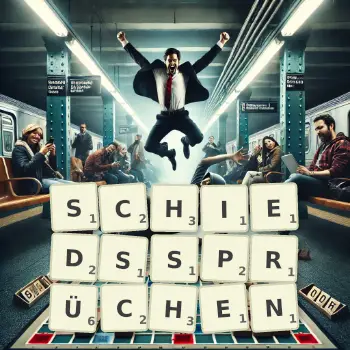 Kreative Illustration für ein Scrabble-Spiel, bei dem das Wort SCHIEDSSPRÜCHEN mit Steinen auf dem Brett gelegt wurde.