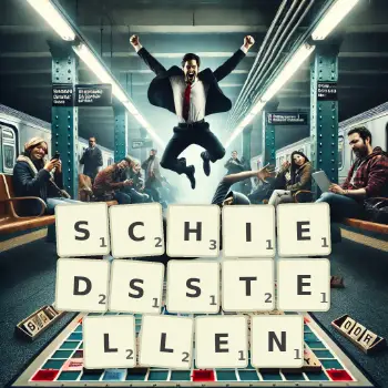 Kreative Illustration für ein Scrabble-Spiel, bei dem das Wort SCHIEDSSTELLEN mit Steinen auf dem Brett gelegt wurde.