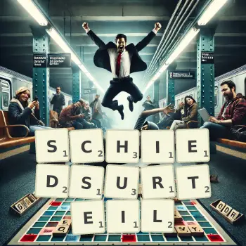 Kreative Illustration für ein Scrabble-Spiel, bei dem das Wort SCHIEDSURTEIL mit Steinen auf dem Brett gelegt wurde.