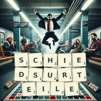 Kreative Illustration für ein Scrabble-Spiel, bei dem das Wort SCHIEDSURTEILE mit Steinen auf dem Brett gelegt wurde.