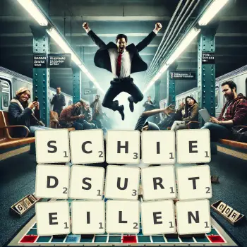 Kreative Illustration für ein Scrabble-Spiel, bei dem das Wort SCHIEDSURTEILEN mit Steinen auf dem Brett gelegt wurde.