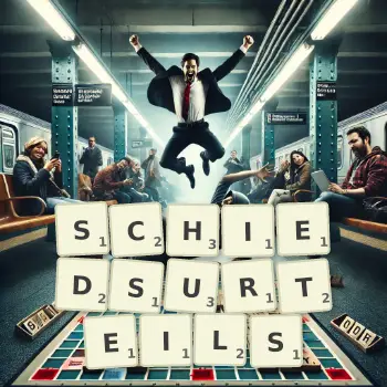 Kreative Illustration für ein Scrabble-Spiel, bei dem das Wort SCHIEDSURTEILS mit Steinen auf dem Brett gelegt wurde.
