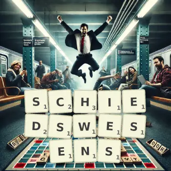 Kreative Illustration für ein Scrabble-Spiel, bei dem das Wort SCHIEDSWESENS mit Steinen auf dem Brett gelegt wurde.