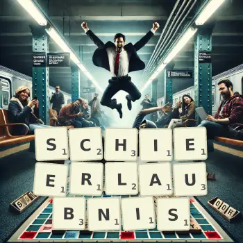 Kreative Illustration für ein Scrabble-Spiel, bei dem das Wort SCHIEERLAUBNIS mit Steinen auf dem Brett gelegt wurde.