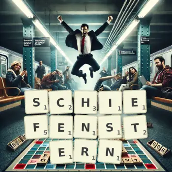 Kreative Illustration für ein Scrabble-Spiel, bei dem das Wort SCHIEFENSTERN mit Steinen auf dem Brett gelegt wurde.