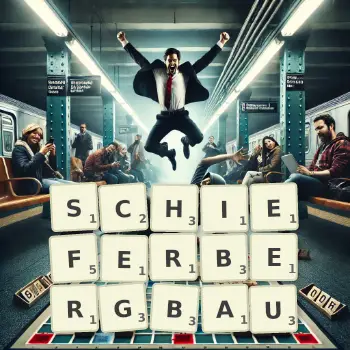Kreative Illustration für ein Scrabble-Spiel, bei dem das Wort SCHIEFERBERGBAU mit Steinen auf dem Brett gelegt wurde.