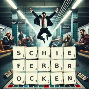 Kreative Illustration für ein Scrabble-Spiel, bei dem das Wort SCHIEFERBROCKEN mit Steinen auf dem Brett gelegt wurde.
