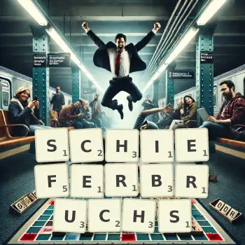 Kreative Illustration für ein Scrabble-Spiel, bei dem das Wort SCHIEFERBRUCHS mit Steinen auf dem Brett gelegt wurde.