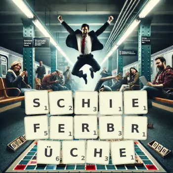 Kreative Illustration für ein Scrabble-Spiel, bei dem das Wort SCHIEFERBRÜCHE mit Steinen auf dem Brett gelegt wurde.
