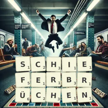 Kreative Illustration für ein Scrabble-Spiel, bei dem das Wort SCHIEFERBRÜCHEN mit Steinen auf dem Brett gelegt wurde.