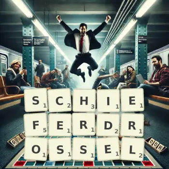Kreative Illustration für ein Scrabble-Spiel, bei dem das Wort SCHIEFERDROSSEL mit Steinen auf dem Brett gelegt wurde.
