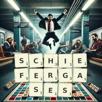 Kreative Illustration für ein Scrabble-Spiel, bei dem das Wort SCHIEFERGASES mit Steinen auf dem Brett gelegt wurde.