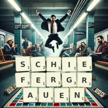 Kreative Illustration für ein Scrabble-Spiel, bei dem das Wort SCHIEFERGRAUEN mit Steinen auf dem Brett gelegt wurde.