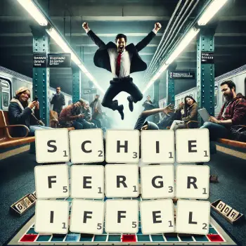Kreative Illustration für ein Scrabble-Spiel, bei dem das Wort SCHIEFERGRIFFEL mit Steinen auf dem Brett gelegt wurde.