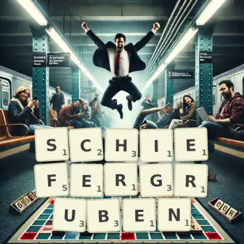 Kreative Illustration für ein Scrabble-Spiel, bei dem das Wort SCHIEFERGRUBEN mit Steinen auf dem Brett gelegt wurde.