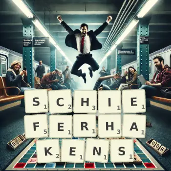 Kreative Illustration für ein Scrabble-Spiel, bei dem das Wort SCHIEFERHAKENS mit Steinen auf dem Brett gelegt wurde.