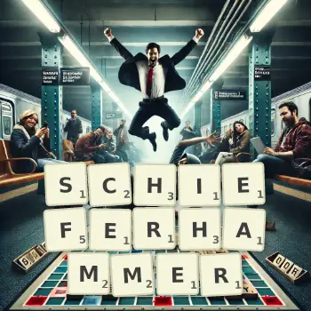Kreative Illustration für ein Scrabble-Spiel, bei dem das Wort SCHIEFERHAMMER mit Steinen auf dem Brett gelegt wurde.