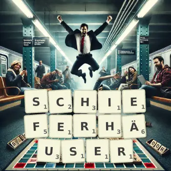 Kreative Illustration für ein Scrabble-Spiel, bei dem das Wort SCHIEFERHÄUSER mit Steinen auf dem Brett gelegt wurde.