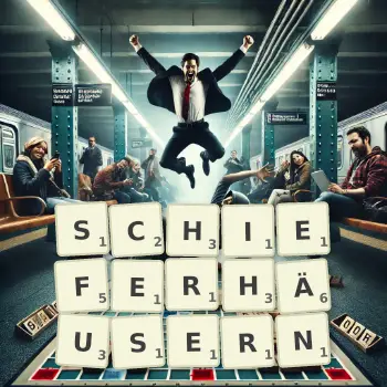 Kreative Illustration für ein Scrabble-Spiel, bei dem das Wort SCHIEFERHÄUSERN mit Steinen auf dem Brett gelegt wurde.