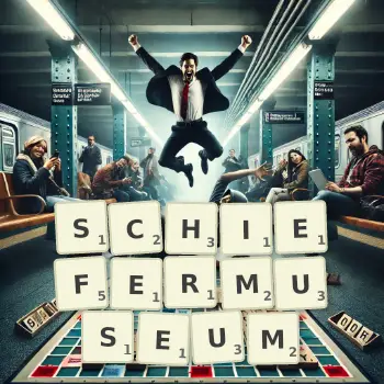 Kreative Illustration für ein Scrabble-Spiel, bei dem das Wort SCHIEFERMUSEUM mit Steinen auf dem Brett gelegt wurde.