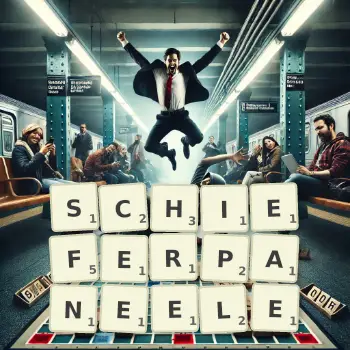 Kreative Illustration für ein Scrabble-Spiel, bei dem das Wort SCHIEFERPANEELE mit Steinen auf dem Brett gelegt wurde.