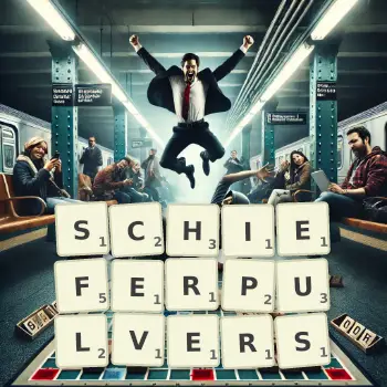 Kreative Illustration für ein Scrabble-Spiel, bei dem das Wort SCHIEFERPULVERS mit Steinen auf dem Brett gelegt wurde.