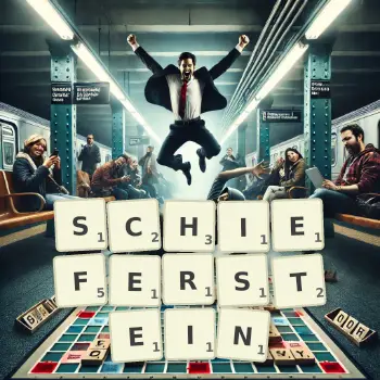 Kreative Illustration für ein Scrabble-Spiel, bei dem das Wort SCHIEFERSTEIN mit Steinen auf dem Brett gelegt wurde.