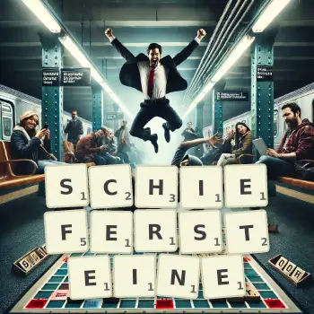 Kreative Illustration für ein Scrabble-Spiel, bei dem das Wort SCHIEFERSTEINE mit Steinen auf dem Brett gelegt wurde.