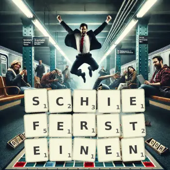 Kreative Illustration für ein Scrabble-Spiel, bei dem das Wort SCHIEFERSTEINEN mit Steinen auf dem Brett gelegt wurde.