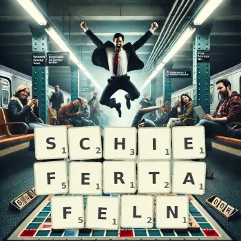 Kreative Illustration für ein Scrabble-Spiel, bei dem das Wort SCHIEFERTAFELN mit Steinen auf dem Brett gelegt wurde.