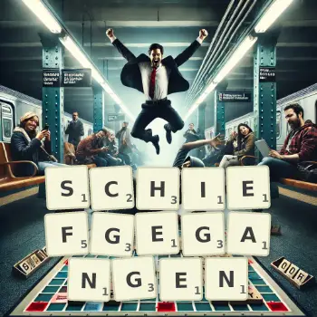 Kreative Illustration für ein Scrabble-Spiel, bei dem das Wort SCHIEFGEGANGEN mit Steinen auf dem Brett gelegt wurde.