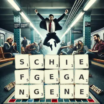 Kreative Illustration für ein Scrabble-Spiel, bei dem das Wort SCHIEFGEGANGENE mit Steinen auf dem Brett gelegt wurde.