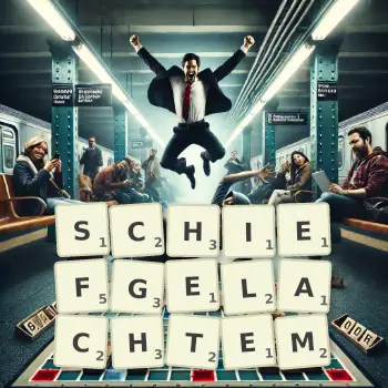 Kreative Illustration für ein Scrabble-Spiel, bei dem das Wort SCHIEFGELACHTEM mit Steinen auf dem Brett gelegt wurde.