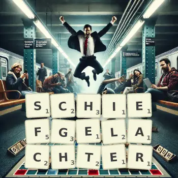 Kreative Illustration für ein Scrabble-Spiel, bei dem das Wort SCHIEFGELACHTER mit Steinen auf dem Brett gelegt wurde.
