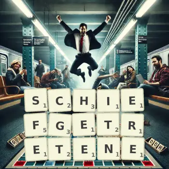 Kreative Illustration für ein Scrabble-Spiel, bei dem das Wort SCHIEFGETRETENE mit Steinen auf dem Brett gelegt wurde.