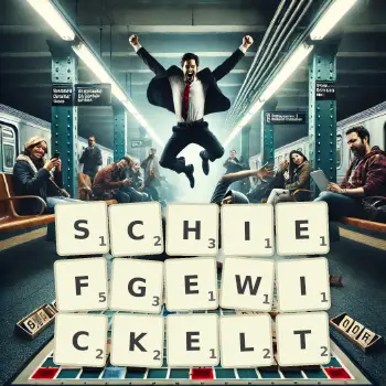 Kreative Illustration für ein Scrabble-Spiel, bei dem das Wort SCHIEFGEWICKELT mit Steinen auf dem Brett gelegt wurde.