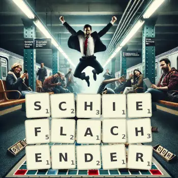 Kreative Illustration für ein Scrabble-Spiel, bei dem das Wort SCHIEFLACHENDER mit Steinen auf dem Brett gelegt wurde.