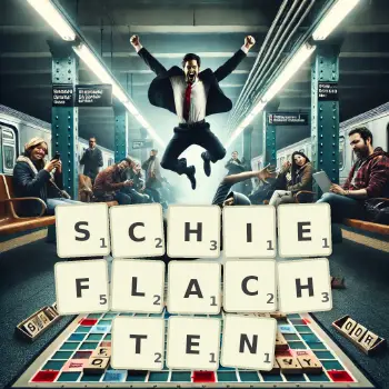 Kreative Illustration für ein Scrabble-Spiel, bei dem das Wort SCHIEFLACHTEN mit Steinen auf dem Brett gelegt wurde.