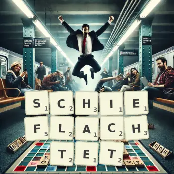 Kreative Illustration für ein Scrabble-Spiel, bei dem das Wort SCHIEFLACHTET mit Steinen auf dem Brett gelegt wurde.