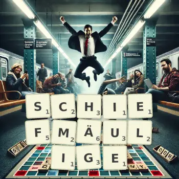 Kreative Illustration für ein Scrabble-Spiel, bei dem das Wort SCHIEFMÄULIGE mit Steinen auf dem Brett gelegt wurde.