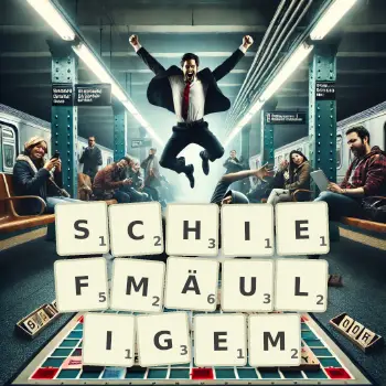 Kreative Illustration für ein Scrabble-Spiel, bei dem das Wort SCHIEFMÄULIGEM mit Steinen auf dem Brett gelegt wurde.