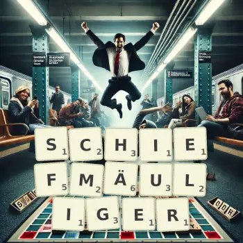 Kreative Illustration für ein Scrabble-Spiel, bei dem das Wort SCHIEFMÄULIGER mit Steinen auf dem Brett gelegt wurde.