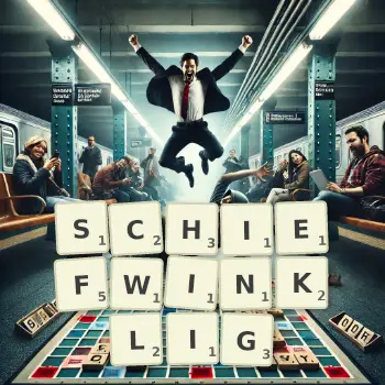 Kreative Illustration für ein Scrabble-Spiel, bei dem das Wort SCHIEFWINKLIG mit Steinen auf dem Brett gelegt wurde.